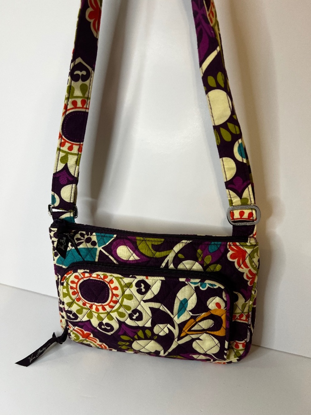 Vera Bradley Double Zip Crossbody Bag Purse Purple Quilted Paisley 9” x 7”